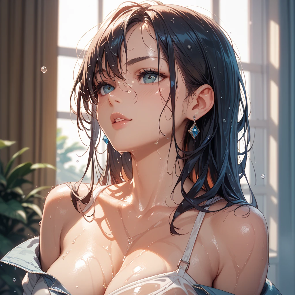 (best quality, masterpiece :1.3), pretty Woman, 1 girl, (Large Breasts, Beautiful clavicle, Attractive figure :1.2), short hair, Wavy ends, silver hair gradient blue hair, messy hair, single sidelock, (wet from rain, get wet by rain, wet :1.2), Sky blue gradient emerald eyes, pupils reflect surroundings, super detailed face, delicate lips, exquisite eyes, double eyelids, long upper eyelashes, upturned eyes, pupils sparkling, 16k, high details, CG unity 