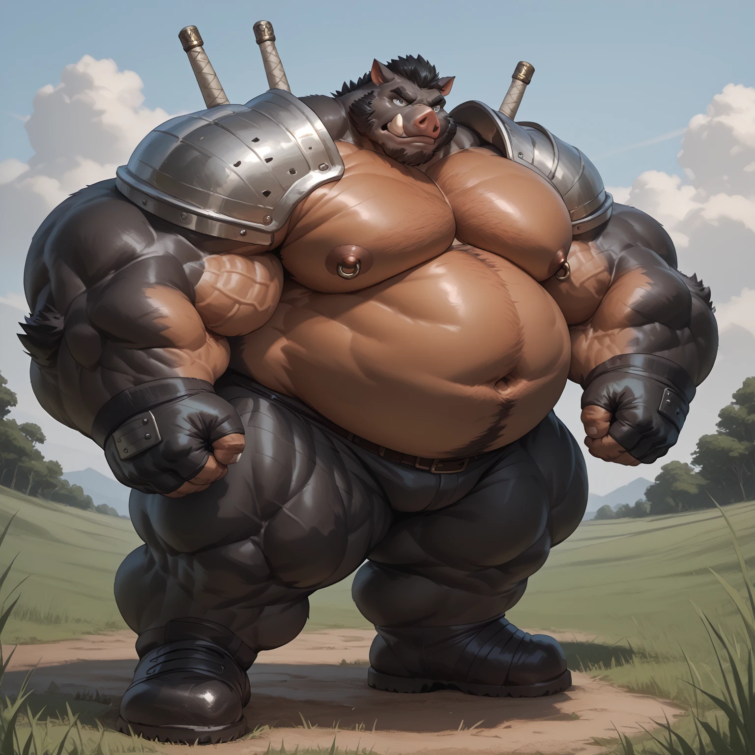 masterpiece, best quality, 8k resolution, Very detailed, hairy,(((rhino))),(((Mature))),(((middle age))),(((Blushing))),portrait,(((green eyes))),(((Strong))),(((Blushing))),(((Shirtless))),(((Fat-enclosed muscle))),((huge)),Hip bulge,For the audience,(((Shameful))),Highest quality scene,Solitary,solitary,(((thong)),(((Hip bulge))),(((Sweating))),((Chains)),(((limb shackles)))),(((Neck collar))),(Shameful),Kneeling on the floor,(((kneeling))),(((Blushing))),((grassland)),(((black socks)))