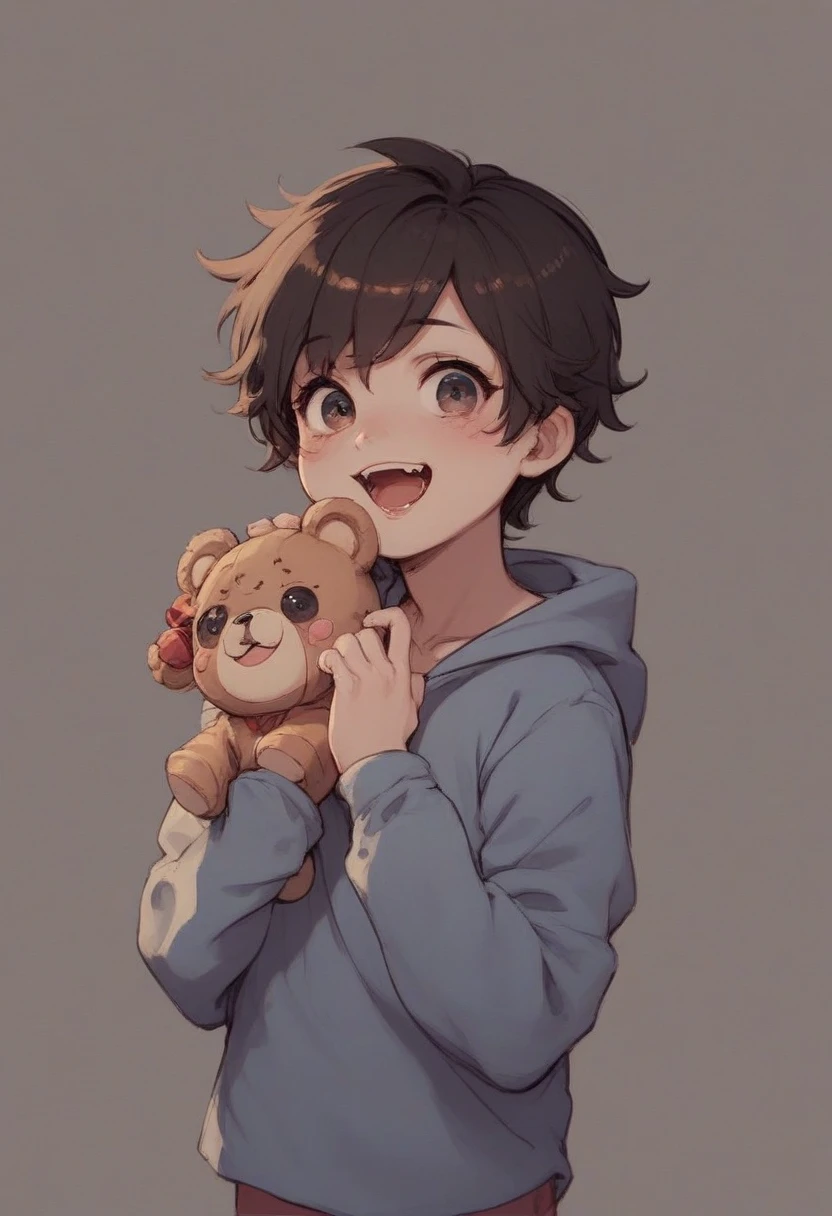 Handsome slim boy brown eyes black hair white skin tall dressed in black with a teddy bear in his hands