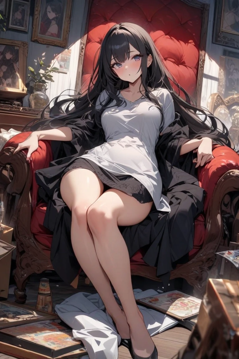 , long black hair, Nerd, sitting like a butterfly in the living room