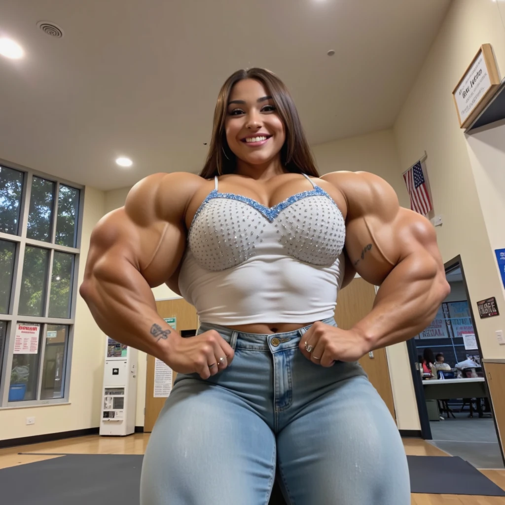 A Grand Theft Auto poster of a beautiful, huge, enormous, buff, giant, Asian Female bodybuilder, muscle goddess, huge arms and huge legs, giant boobs, enormous muscles, big beautiful eyes, with ponytail hair, wearing reading glasses, holding an assault rifle, machine gun, photorealistic
