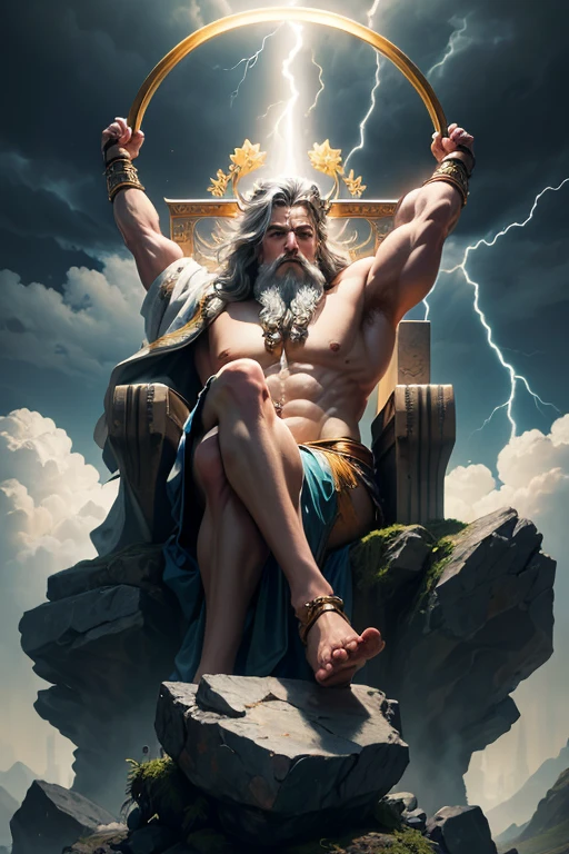 An epic image depicting Zeus, Le roi des dieux grecs, dans toute sa splendeur. He sits on his heavenly throne, holding a lightning bolt in his hand, avec un look imposant et majestueux. Autour de vous, Charged clouds and lightning illuminate the landscape, Transmettre sa force divine.