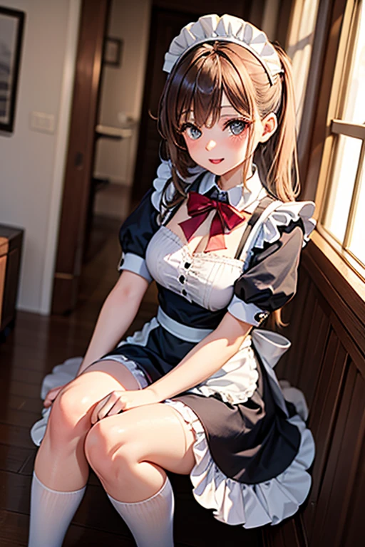 (大人のwoman:1.3)、exact number of fingers、Exact number of legs、Exact number of arms、bangs, ponytail, brown hair, (blush:1), (womanはメイド服を着てセクシーなポーズで床に立っている:1), ((Stylish black and white maid outfit, Ribbon at collar:1.4)), woman, (Stylish white satin panties:1.4), (white lace bra), Thighhighs, garter belt, (flip the skirt yourself:1.4), (shirt lift:0.93), (show off bra:0.94), (show off panties:1.2), realistic、 beautiful big breasts, slender body, highest quality, High resolution, highly detailed face, perfect lighting, Very detailed CG, (perfect hands, perfect anatomy), embarrassed expression, The mansion's study, whole body