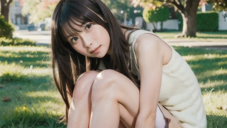 (masterpiece, Highest quality:1.4), Award-winning portraits, 8K, 85mm, alone, Beautiful Face, Delicate girl, (On the grass), Sophisticated, cute, 15 years old, RAW Photos, Confused, High resolution, Sharp focus, Background Blur、(((flat 、thin and delicate body、Childish atmosphere)))、Glossy short bob、Mole on the left cheek、 Dark blue eyes、the skirt is swaying in the wind、Hair swaying in the wind、sexy、flexible legs、naked、Angle shot from the ground