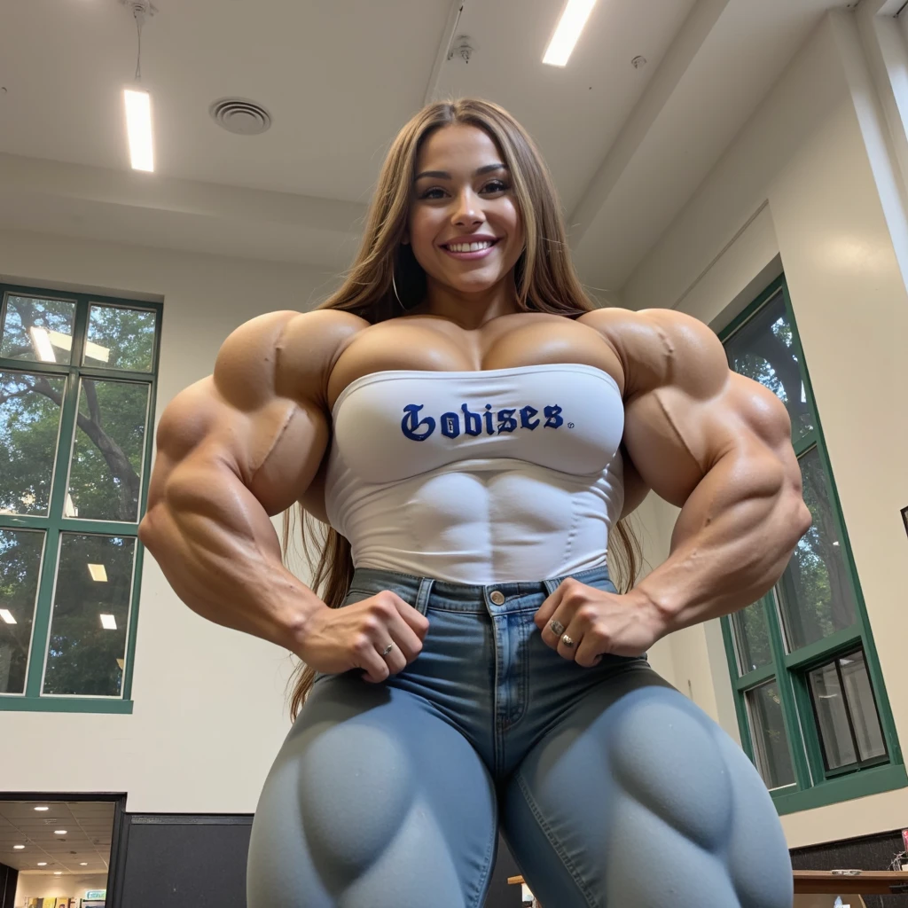 A military, action movie poster of a beautiful, huge, enormous, buff, giant, single Female bodybuilder, muscle goddess, huge arms and huge legs, giant boobs, enormous muscles, big beautiful eyes, with long dark hair, wearing reading glasses, holding an assault rifle, machine gun, photorealistic