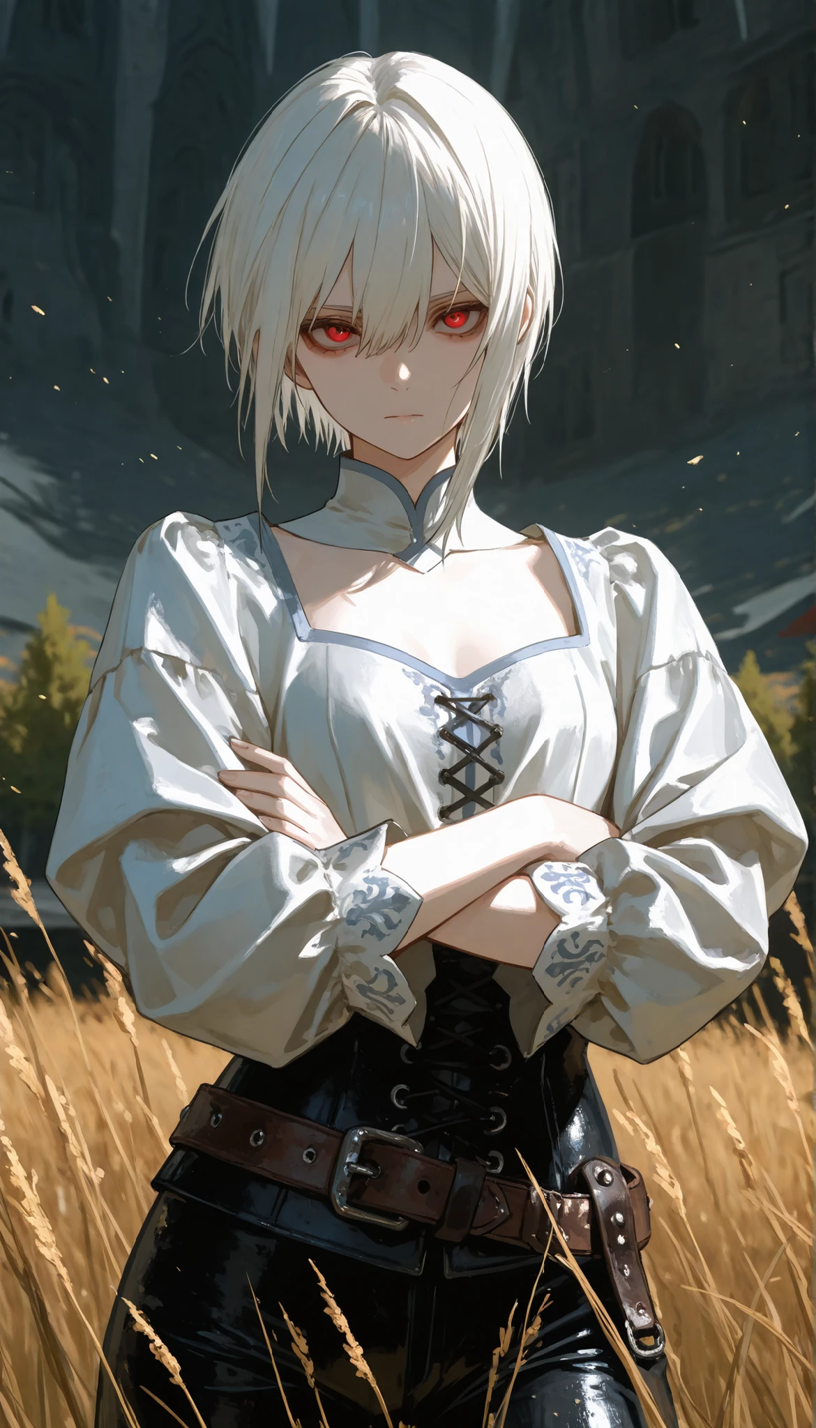 ,score_9, score_8_arriba, score_7_arriba, score_6_arriba, solo girl, 1girl, a portrait image of a alice nakiri, short hair, red eyes, white hair, hair between eyes, wide shoulders, dressed in a dark medieval blouse, , leather belt, medieval trousers, frowning, arms crossed, open field background, looking at viewer, dynamic pose, high quality, best quality 748cmstyle
, usnr, aesthetic