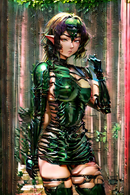 Transparent clothes. Green hair, green hair, green hair. Plump thighs, clamping thighs, hands stretched upwards, face and body facing the audience, slender waist, tornado, flat chest, black skirt, pelvic curtain (tatsumaki: 1.7), girl trasparent black latex dress, long sleeves, thick thighs, Wide hips, green light, pot curtain, green halo, see-through clothing, no, cameltoe, 1girl, Chen Juan, green hair, green eyes, dress, solo, black dress, big breasts, small breasts, thighs, curly hair, belly button covered