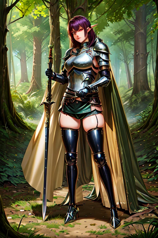 A delicate female elf warrior in battle armor, with a small smile, long black hair, pointed ears, and a kawaii, cute appearance, (artwork), (best quality), (ultra-detailed), (illustration), (extremely delicate and beautiful), (bokeh, blurred background), (best shading), 1 elf female, white panties, long hair, kawaii, charming, shifting, highlights and spot light on the eyes, character in focus, head tilted.