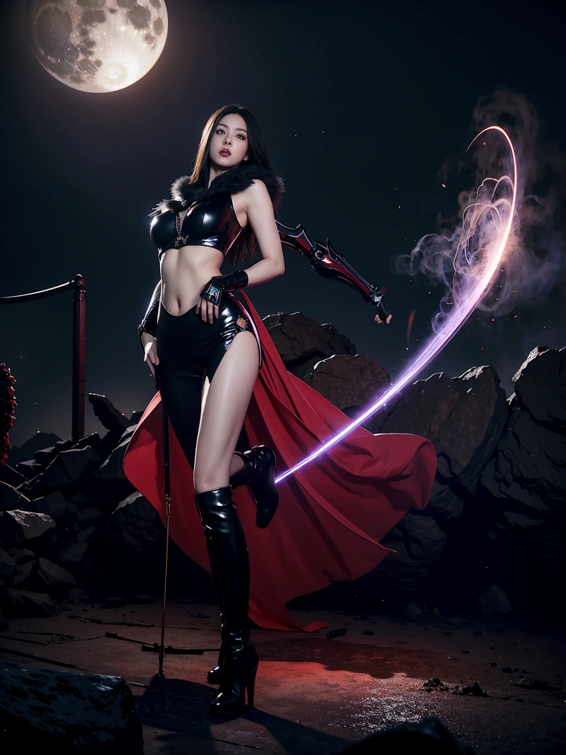 1 girl, flowing hair, red eyes, Fire Witch, There is blood on the face, light particles, Lightning rays, wallpaper, colorful, high contrast, vampire, giggle, Smile, psychopathic giggle, 病态Smile, Tilted head，High heel