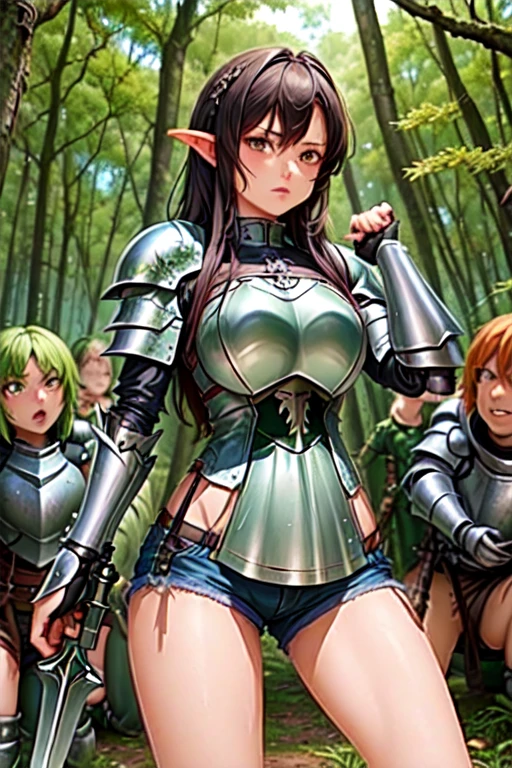 nsfw, best quality, official art, masterpiece, textile shading, HDR, gangbang, A female paladin, (in the forest), Wearing armor, metal armor, night, detailed aspects, Ultra-mini skirt 25cm above the knee, Surrounded by Goblins, Mr..々weapons, dirty,puffy nipple:1.5, large breasts, bikini tan, arms behind back, restrained, pussy juice, hentai, rape face, intercourse with a goblin:1.35, vaginal penis:1.4, girl on top:1.5,