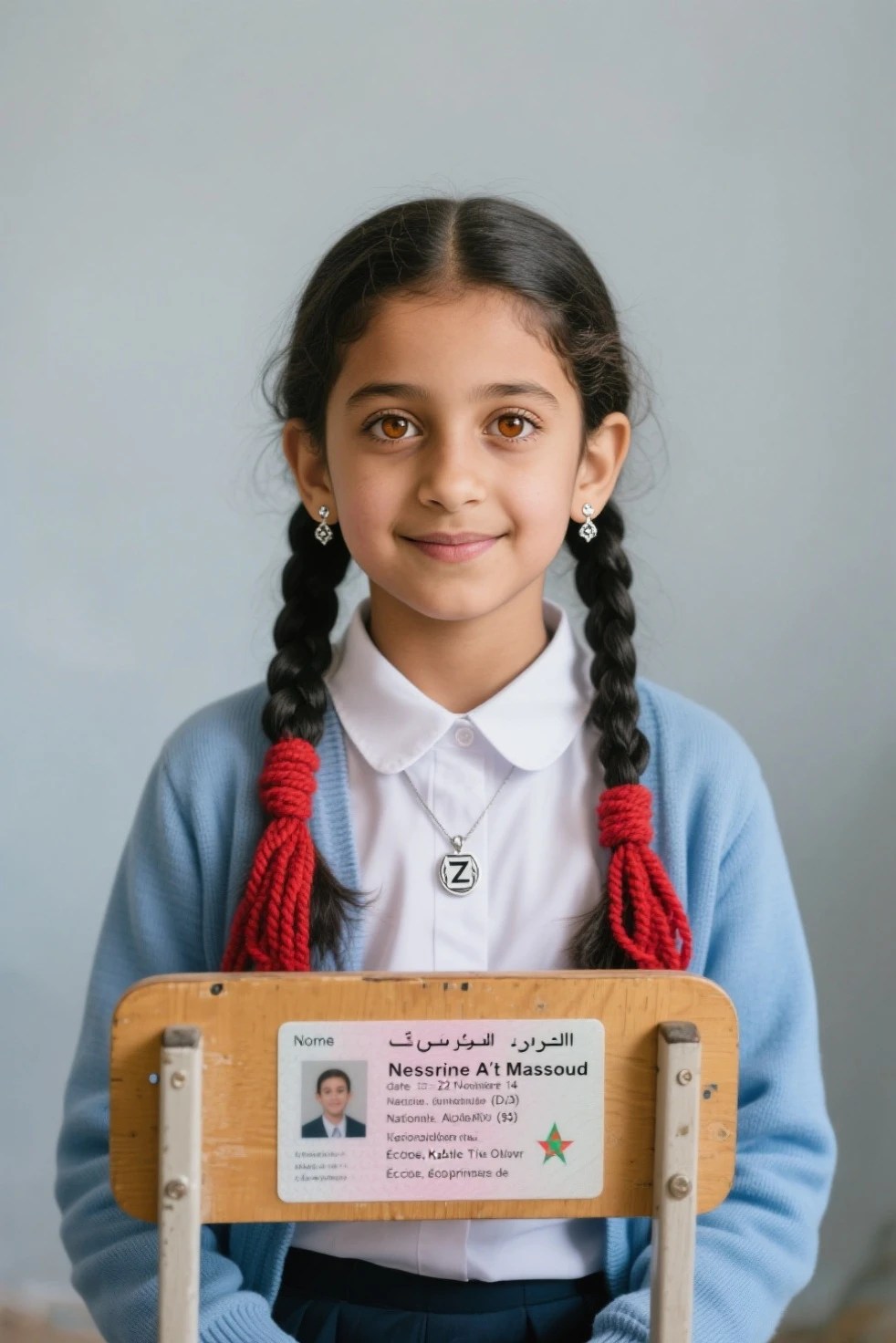 Saudi girl scout in green and beige dress using artificial intelligence to talk looking forward 
 