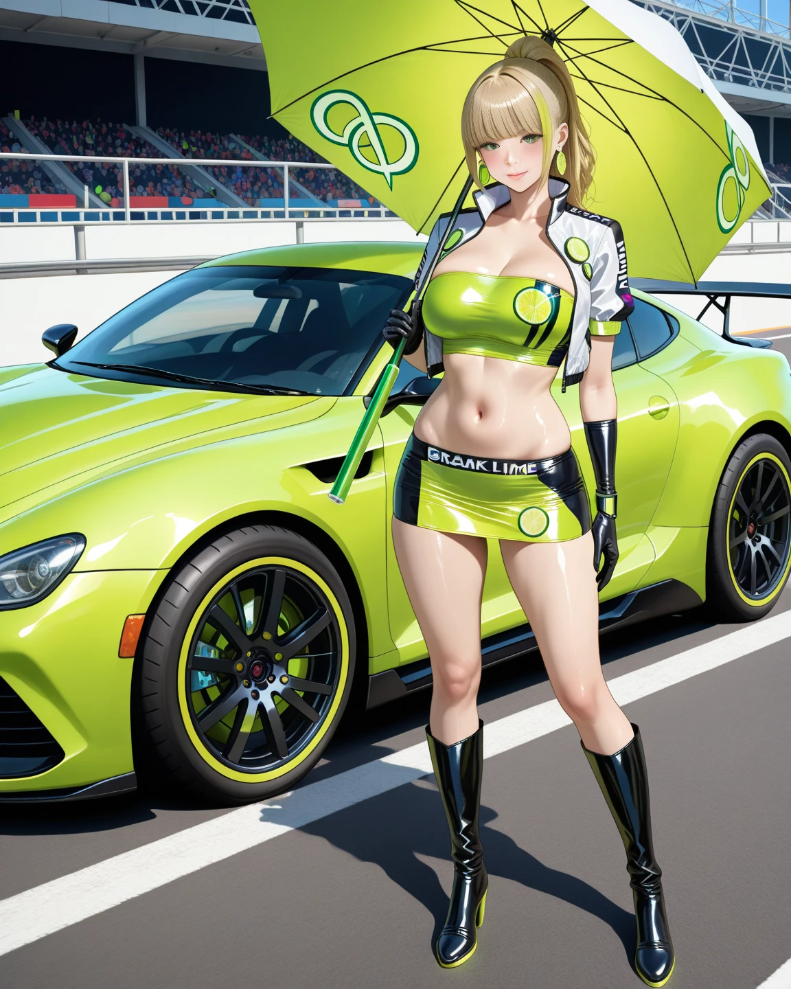1girl, large breasts, wide hips, green hair, very short hair, short hair, green eyes, bikini, black bikini, neon trim, green neon trim, smile, smirk, smug, futuristic, science-fiction, tech, machinery, shoes, sneakers, green neon trim, green trim, full body