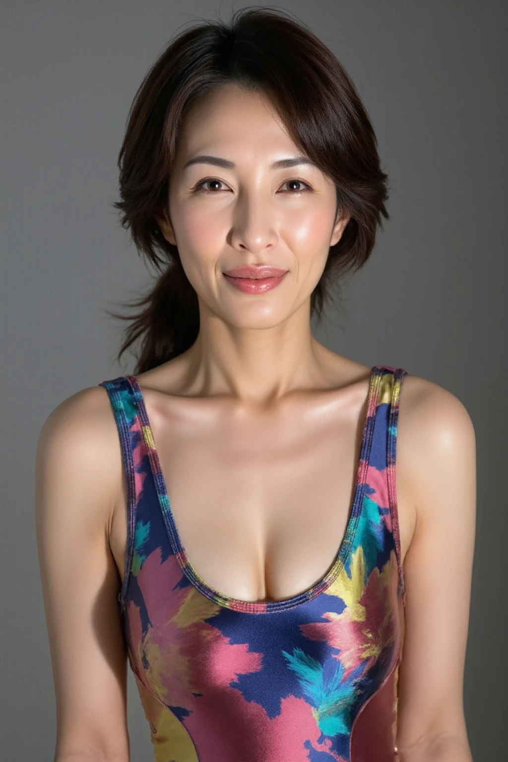 High resolution, high resolution, Attention to detail, masterpiece, Rough skin, Anatomically correct, sharp, Gray background ((Japanese Mature, 50 years old)), alone, ((Facial wrinkles)), Shapely large breasts, Straight light brown hair reaching to the shoulders, Chubby body type, (((Stand upright, Facing the center of the screen.))), Staring straight ahead with an open mouth and a tired face, Yellow floral bikini on a white background, Bare feet, Full body photo, View from the knees