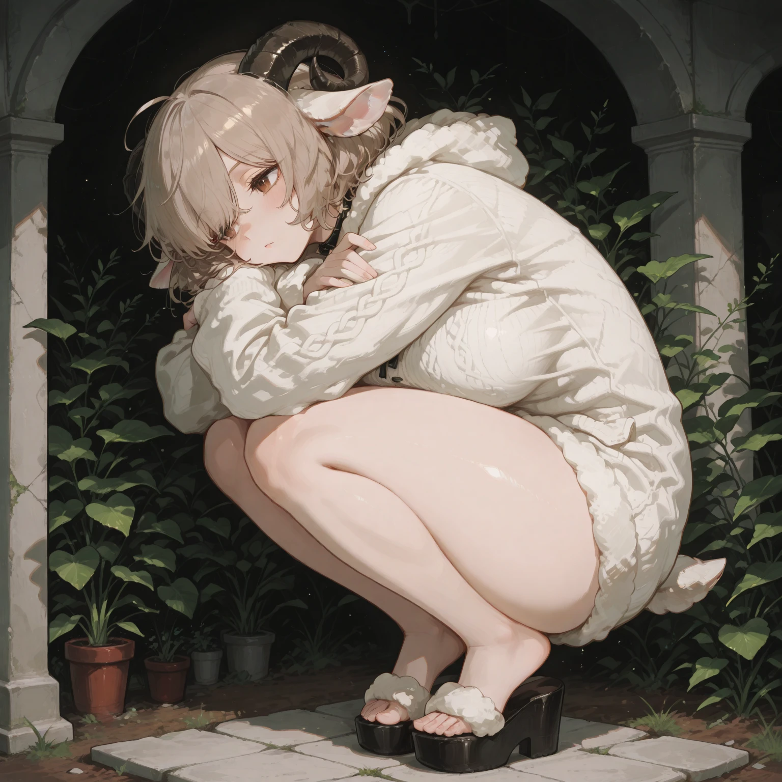 (best quality),(highly detailed),(masterpiece),(ultra-detailed),(absurdres),(((artbook))),((8k_wallpaper)),big ass,Bare thigh,huge_breasts,barefoot, 1girl, solo, animal ears, cat, barefoot,cat ears, short sleeves, grass, short hair, smile, white hair, puffy sleeves, white dress, maid, sunlight, brown eyes, dappled sunlight,petite, outdoors, puffy short sleeves, bangs, full body, tearfully, crying, cats, white big butt, white underwear