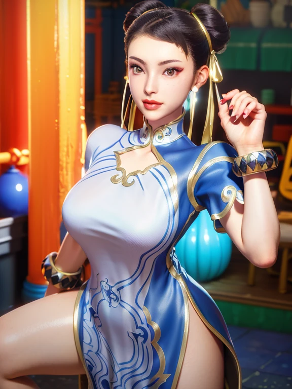 ultra realistic 8k cg, picture-perfect face, flawless, clean, masterpiece, professional artwork, famous artwork, perfect face, beautiful face, beautiful eyes, ((perfect female body)),huge breasts, solo,
,(blush:0.5),seductive expression,extremely detailed_eyes,thick thighs,room,
beautifully detailed background,depth of field,realistic:1.3,
(ambient light:1.3),(cinematic composition:1.3),(neon lights:0.1),(HDR:0.1),Accent Lighting, narrow waist,long shot,
1girl,  leifang,china dress,bangs,twin braids,