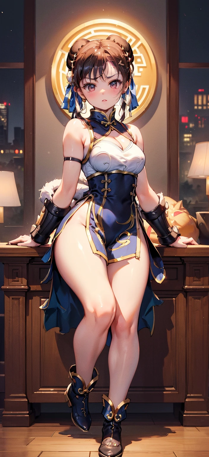 White hair , short hair, pinched eyes, (big-:1.5), Thin legs, thin body, leather collar, Maid outfit victorian, dynamic pose, full body, view from below, wide hips, kneel

