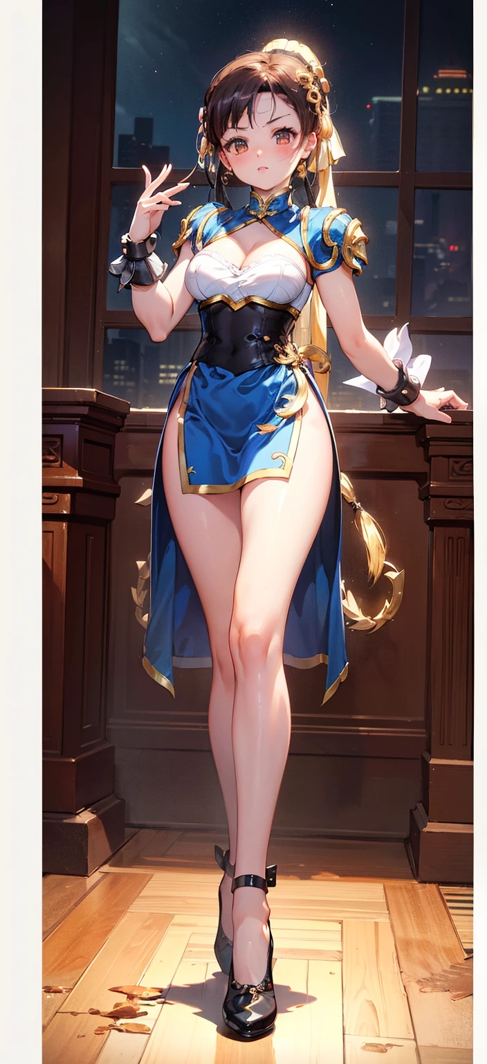 chun-li,((masterpiece)), ((best quality)), ((ultra detailed)), ((kawaii)), cute, (lovely), ((extremely detailed)), ((8K)), (beautiful),flat breast, tiny breast,full body