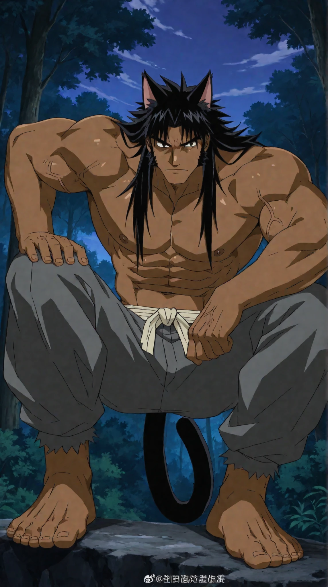 bruno_pokemon, hot spring, steam, snowing, indoor, night, light, looking to viewer, mountain, (muscular:1.1, nipples), topless, sitting down, wearing long pants <lora:Bruno_Pokemon-15(1):0.85>