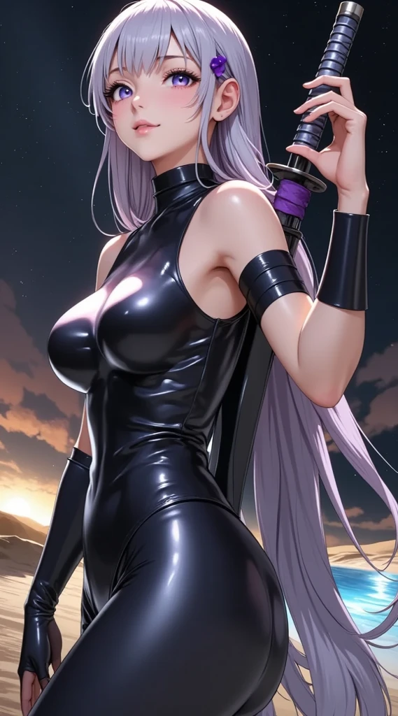 girl with white hair,with bangs, black gloves, purple clothes, purple dress, 4K, masterpiece, perfect body, stem,perfect eyes, perfect shading, perfect lighting, best quality, work of art, ultra detailed, detailed clothing