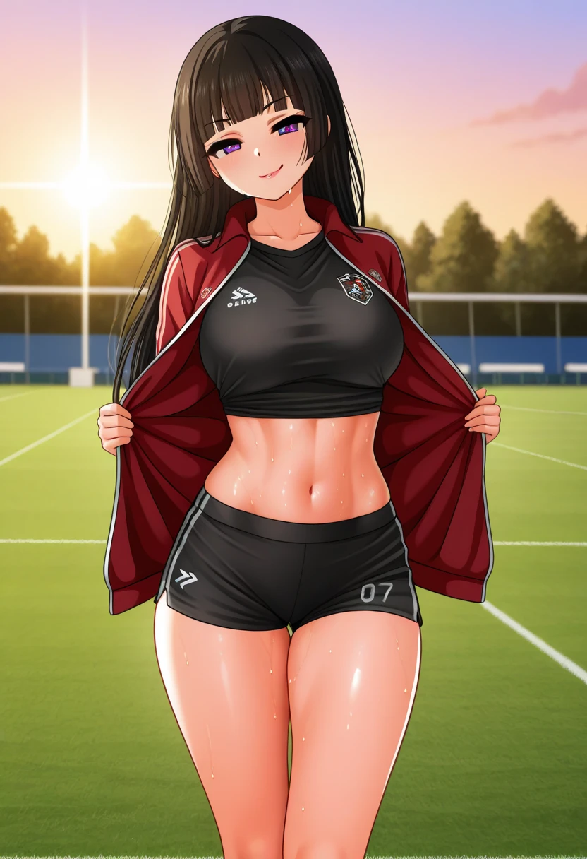 mastute piece,Best Quality,insanely detailed,8k cg,nsfw,
(shoot upper body:1.3),
(1girls:1.3),standing,looking at viewr,body in front,both arms behind back,(Soccer uniforms),(bare breasts:1.2),
break,
blush,shy,(ecstasy face),(trembling:1.2),break,(light black hair),
break,
perfect breasts,perfect teats,(open mouth:0.9),(large breasts:1.3),
(Soccer field)、