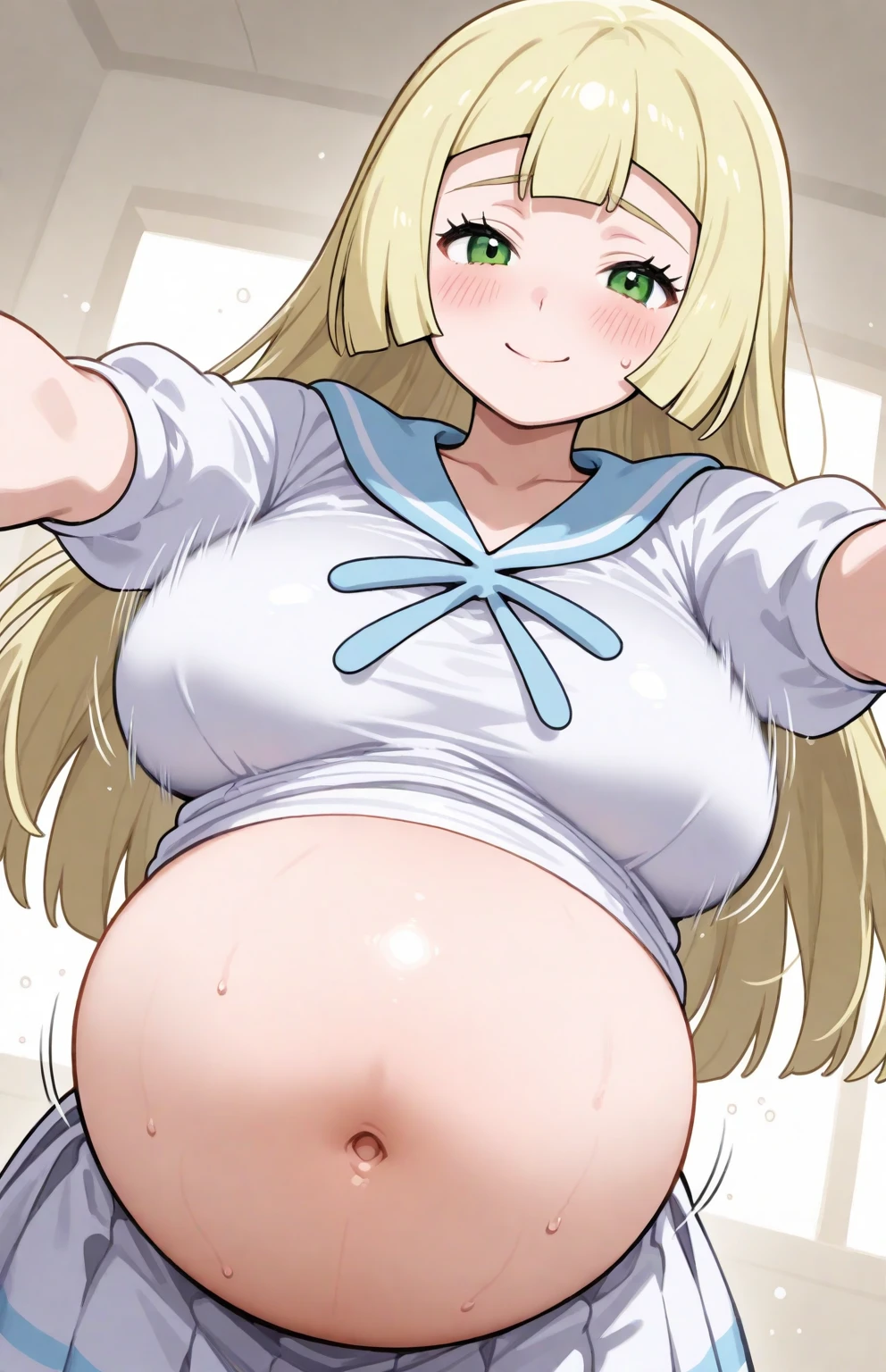 A gorgeous 15-year-old blonde Japanese girl wearing a super shiny latex navy blue long sleeve sailor uniform She spreads her hairy pussy covered in white slime She is pregnant
