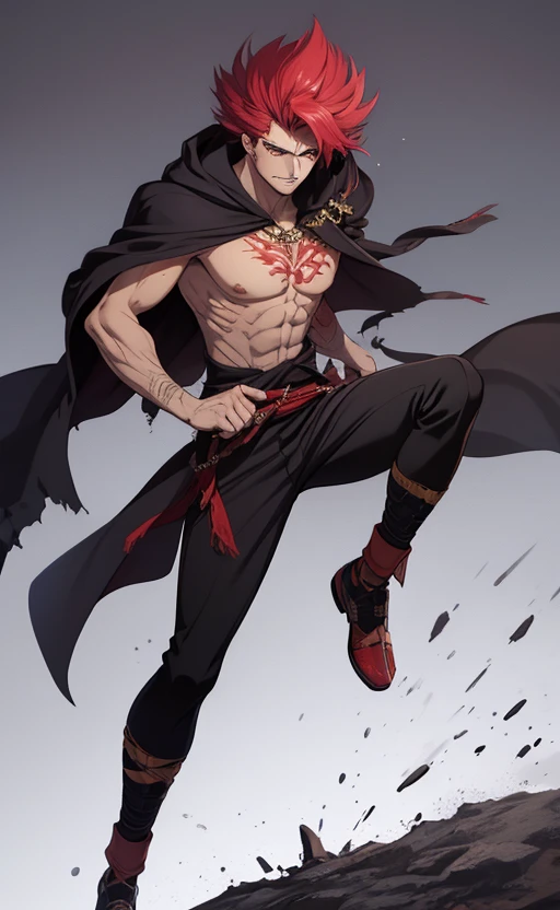 masterpiece, best quality, 1boy, black jacket, hood, ahoge, short hair, brown hair, black pants, smile, hands up, simple background, white background, upper body Muscular body, Imposing body, Imposing appearance, muscular arms, muscular legs, only body, trapezoid torso, sturdy body, muscular body, defined round and fleshy pecs, defined washboard ABS, defined arms, defined legs, flexing his muscles