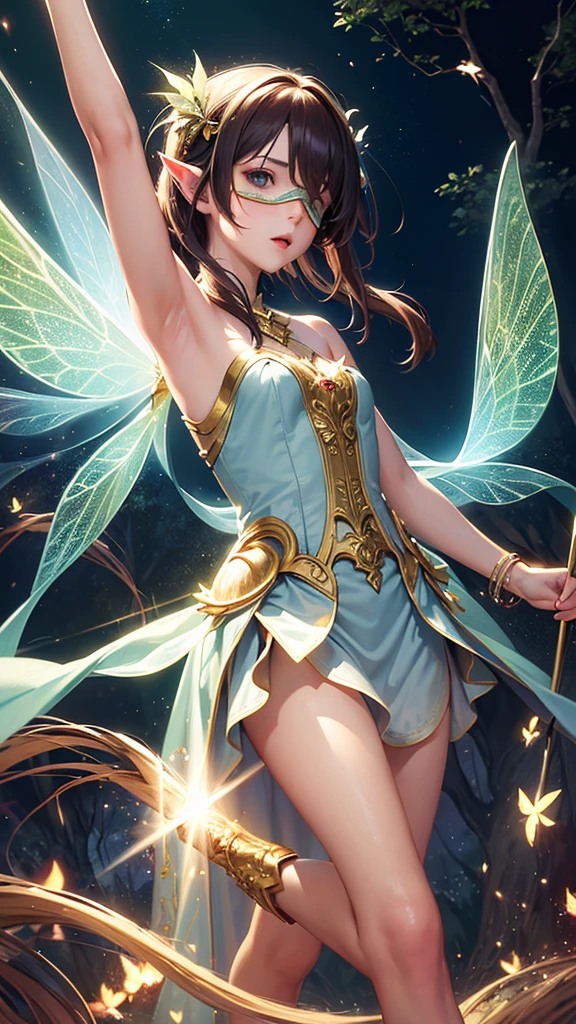 masterpiece, 1 Fairy, Flying fairy girl, Perfect Face, Light, Glass Tree Forest, Dramatic lighting,  Super detailed, floating glow Light, Depth of written boundary, (Shining Dust)