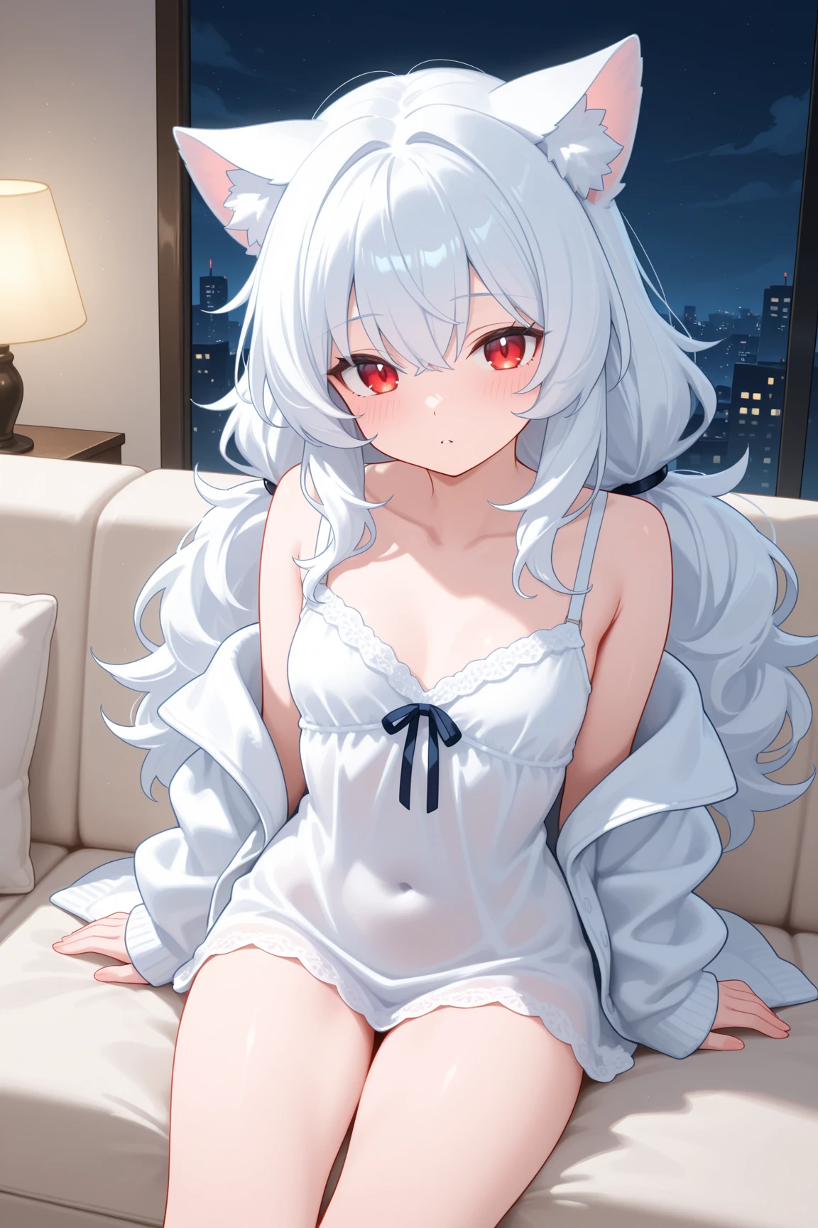 A girl with long white hair wearing a bodysuit,Wearing high heels,Lying in bed,Legs open