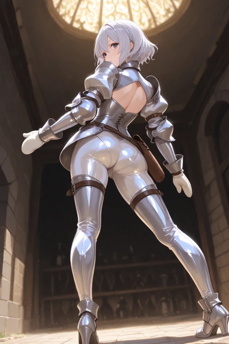 girl, large breasts, (from below:1.4) ,knight armor,blue hair,short hair, 19 years old, large breasts, triple D cup breasts, round buttocks, bubbly buttocks, wide hips, bubbly ass,