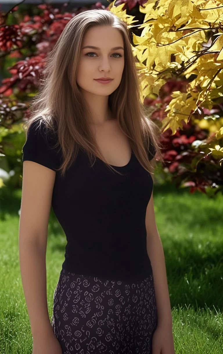 ((best quality)), ((masterpiece)), (detailed), close-up person, long hair, (calm blue eyes),black tshirt, denim shorts, garden background, flowers, magnolias, apple tree, , pretty face, highly detailed face, (portrait composition:1.3), (8k resolution:1.2), (casual clothes). A breathtakingly skilled artist meticulously captured a close-up portrait of a serene woman with long hair and calm blue eyes, wearing a black t-shirt and denim shorts, standing amidst a garden overflowing with vibrant flowers, magnificent magnolias, and an apple tree as the setting sun casts soft golden light on her highly detailed face in a relaxed yet exquisite masterpiece, reminiscent of the best quality, with a portrait composition at 1.3 ratio and 8k resolution of 1.2. Di1araa.s <lora:hrvpoi18e06aba1dax676:1>