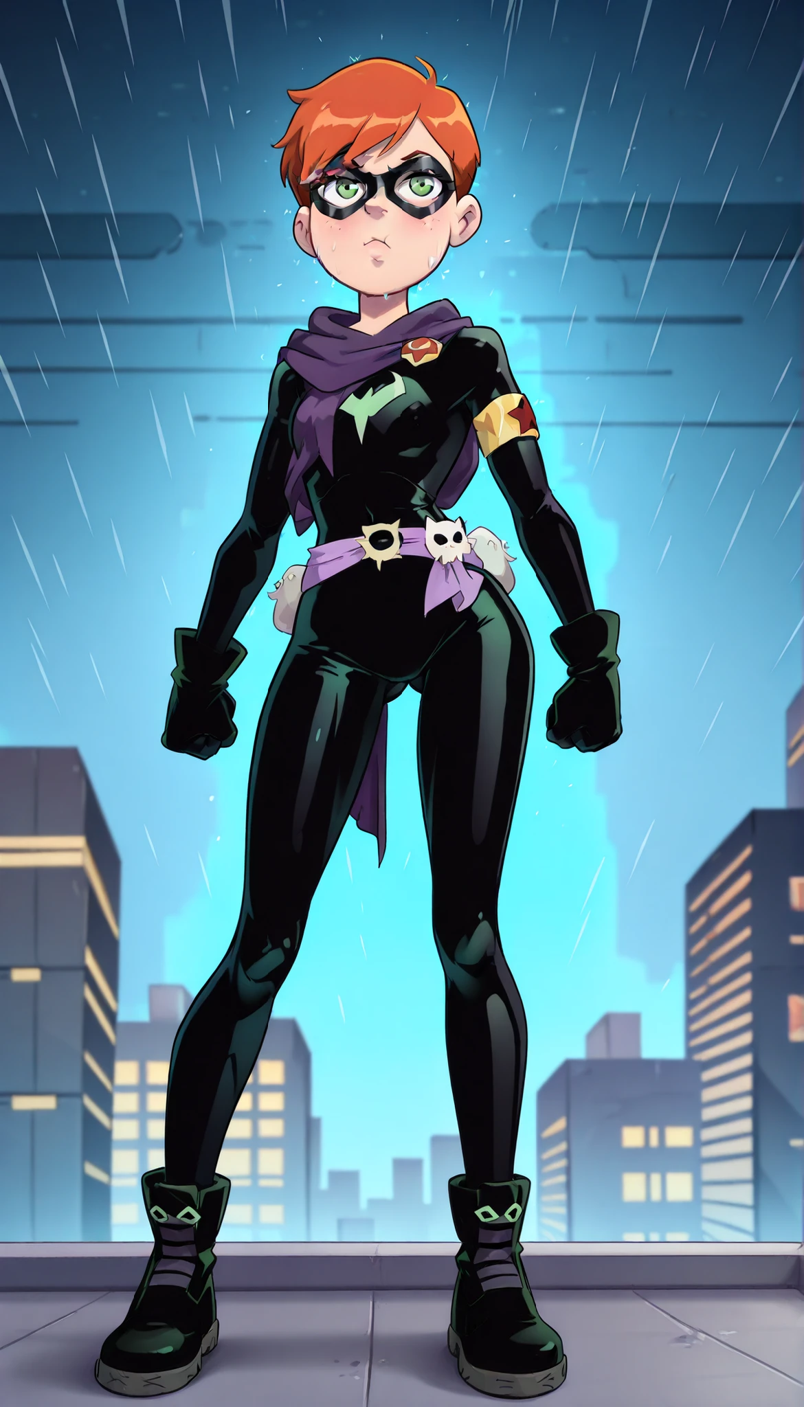 1 girl, solo, Very short hair, orange hair, pixie cut, light skin, Cat Domino Mask, Cat Mask, Domino Mask, Black Mask, Black Domino Mask, ((Black Cat Mask)), Domino mask with green lenses, black domino mask with green lenses, cat domino mask with green lenses, mask with green lenses, green lenses, Nose and mouth exposed, chin exposed, mouth and chin exposed, Full body bodysuit, superhero bodysuit, tight bodysuit, black bodysuit, tight black superhero bodysuit, Black ankle combat boots, ankle combat boots with toe, black ankle combat boots, Anckle combat boots, black ankle boots, ankle toe boots, ankle boots, Black combat gloves, combat gloves, black gloves, gloves, Cloth belt at the waist, cloth belt, purple cloth belt, purple cloth belt at the waist, Right golden armband, right armband, asymmetrical armband, golden armband, flat chest, slender hips, very thick shins, Thighs Gap, Knee gap, gluteal fold, Anckle Gap, slim body, athletic body, slender body, full body:1.5, (Star Vs The Forces of Evil Style), (High Quality), Standing, Fists closed, ready for combat, arms at Side, Building rooftop background, city background, night background, night city background, rainy background, Rainy city night background, rainy night background, rainy city background,
