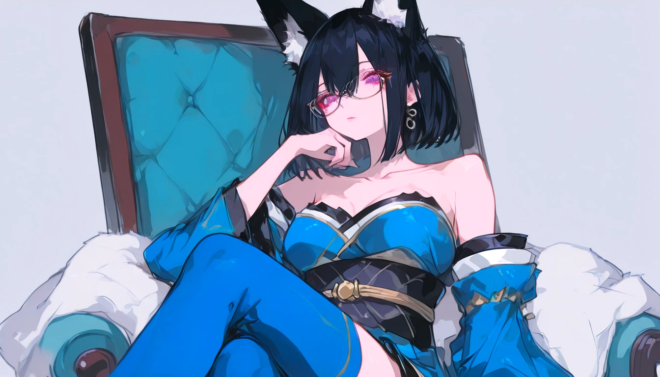 Highest quality, Ultra-high resolution、female、tits、Tied waist、Short Hair、Blue Hair、Big Breasts、fox、Beastman、Japanese-style room、embellished costume