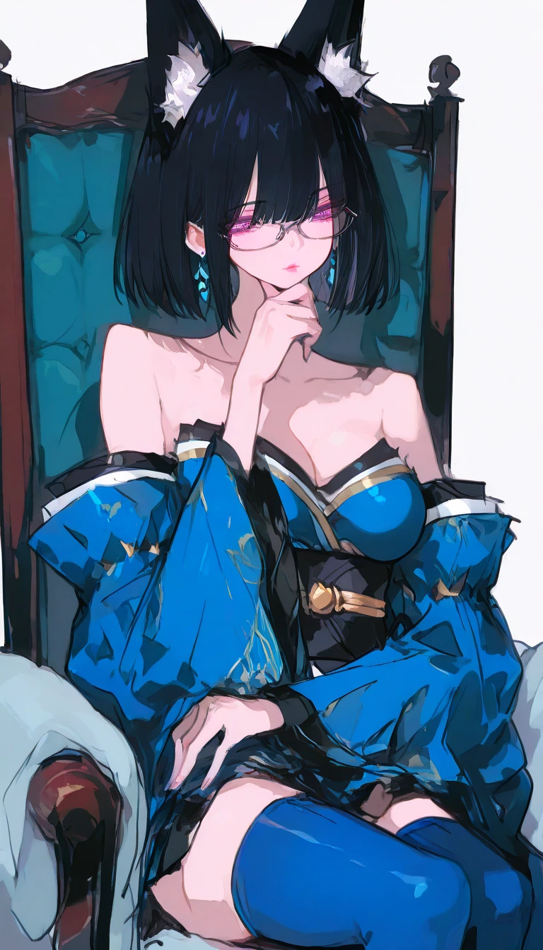 Big breasted girl、Wearing glasses、Hair color is half color、Bodysuits、Condescending composition、Sit on a chair、Crossing your legs、