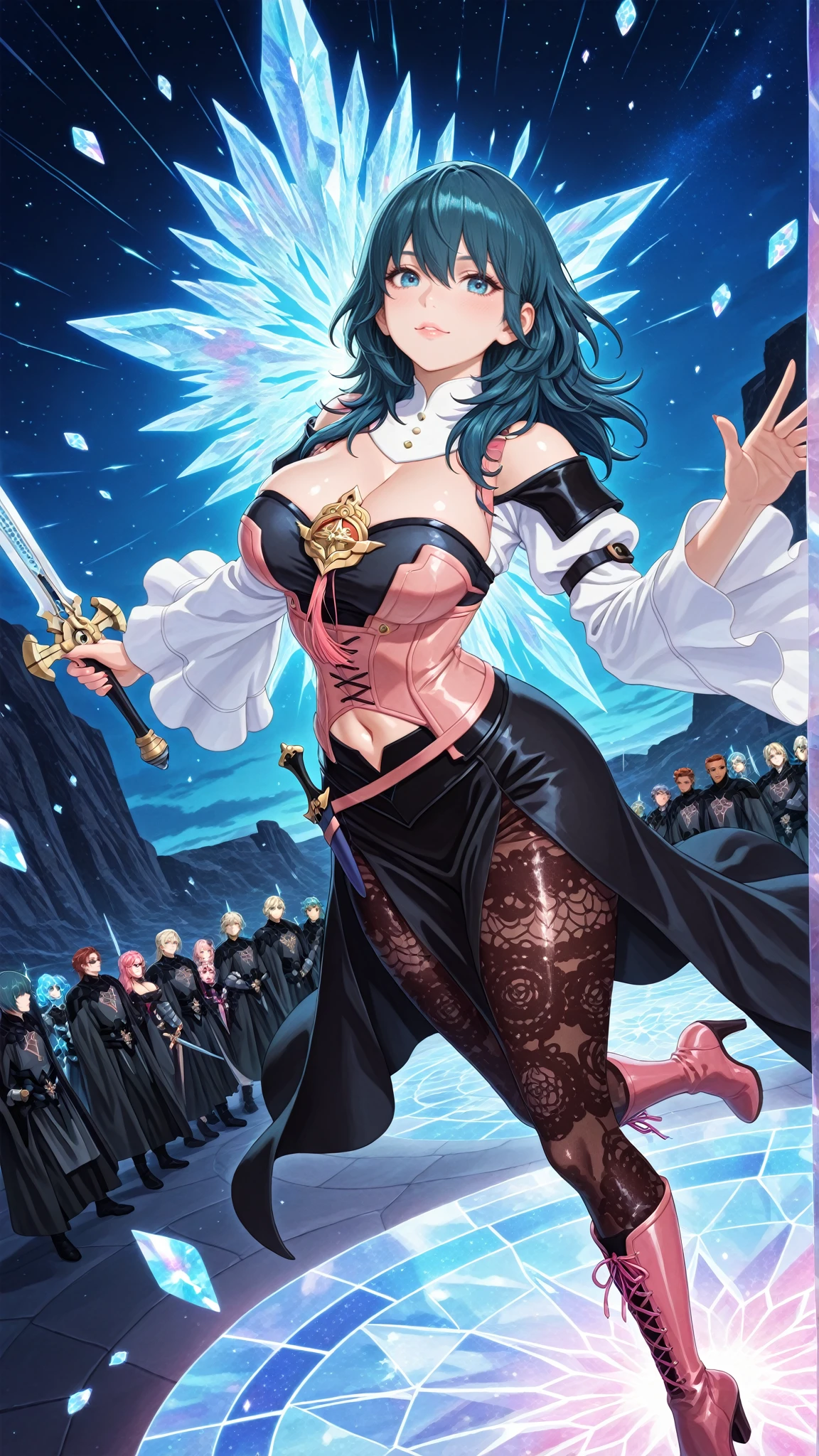 masterpiece, best quality,1girl,young girl,brown eyes,long hair,boring _facesmile,shiny skin,(nice leg line:1.3),thin waist,huge breasts,
BREAK
Ice Queen, Snow, Crown, Palace, Icicles, Scepter
BREAK
around crowd:1.1,depth of field,looking at viewer,from front,full body