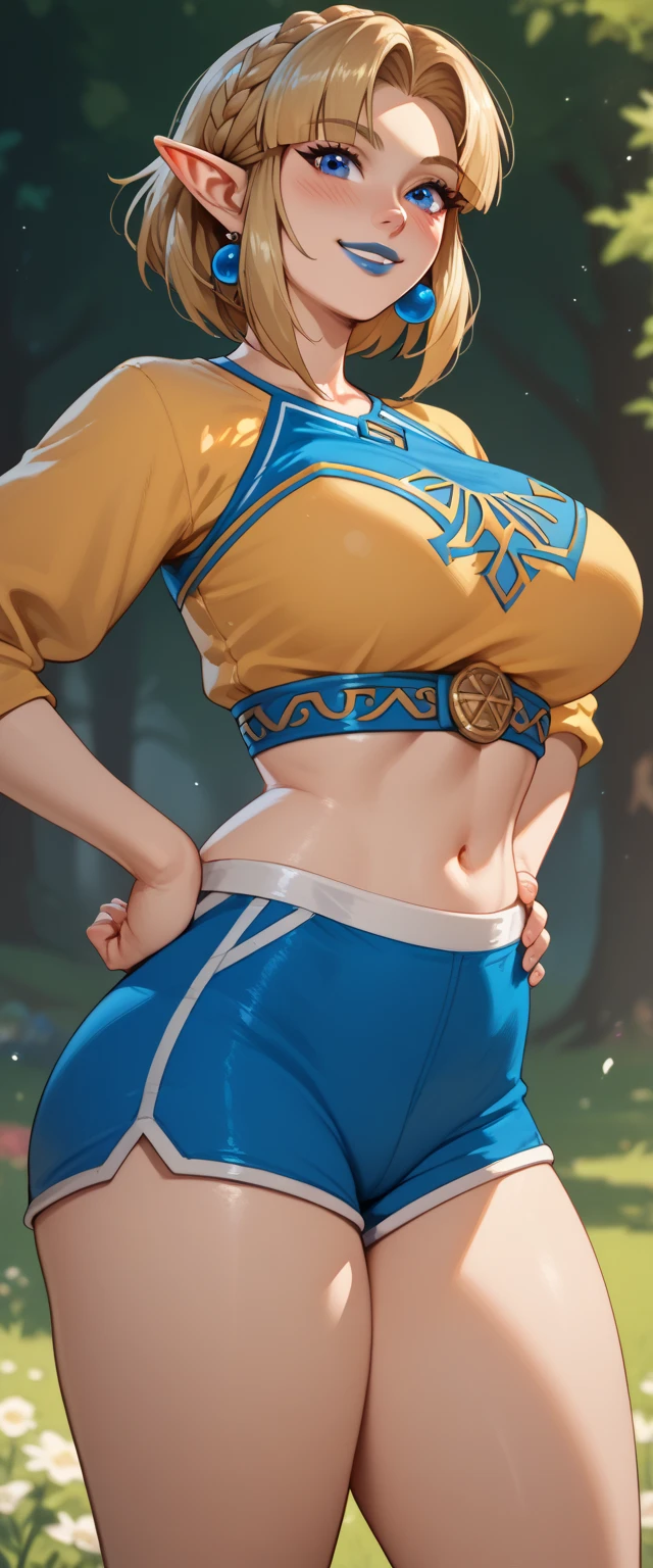 ((masterpiece)), ((best quality)), ((photorealistic)), small smile, solo, (detailed eyes), Zelda, BotW, face : (very beautiful face, (perfect face), cute face, round face, plump cheeks), pose : ( shy pose, arm on belly), figure : ( (very full body), very thick, (very curvy), (very chubby), (chubby belly), (chubby belly bottom), (big deep navel), (wide waist), belly bulge, muffin top, love handles, (thunder thighs), clothes : ( tight BotW clothes)