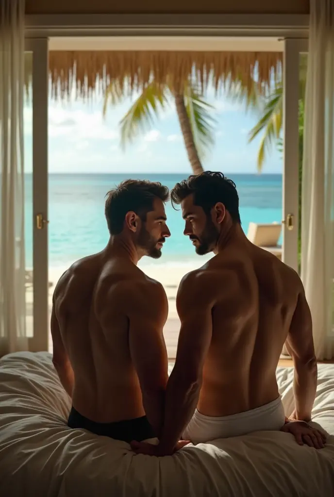 It is two men kneeling on the ground with their hands on the ground. They stick out their tongues and have red cheeks, they are sweaty and breathless, they are young and beardless, it is a real photograph taken in the desert, on hot sand dunes, both men are naked and do not wear any clothes, no NSFW