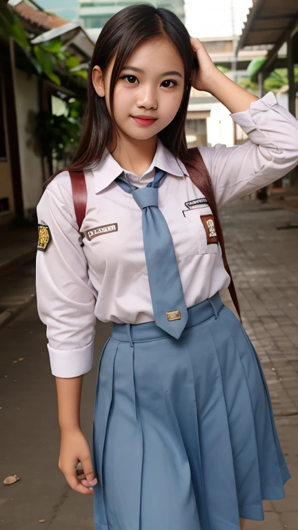 Beauty Indonesian woman in student uniform, beauty big breast, show pubic hairs, vivid colors, bokeh