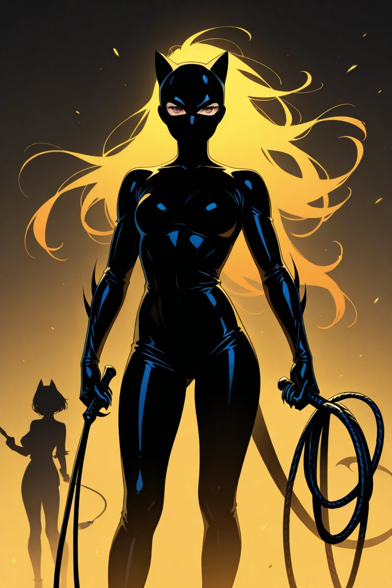 Black and white only. Mainline only.Vector line.Simple.Black Bikini.Black thigh-high boots with stiletto heels.Black corset.Black Long Gloves.Black garter belt.blonde.Full body image of a woman.No background.Cat mask.single