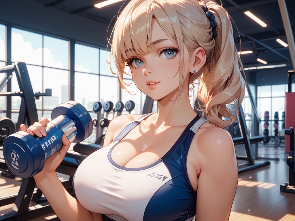 highest quality、Best image quality、masterpiece、One Girl、26 years old、Best Bust、Big Breasts、Beautiful Eyes、blonde hair, Green Eyes、ponytail、At the fitness gym、Bikini Top Holder, White leggings、smile、from above, Twirling hair with finger, looking down shy, cowboy shot, Natural sunlight、Shallow depth of field、Lens flare、