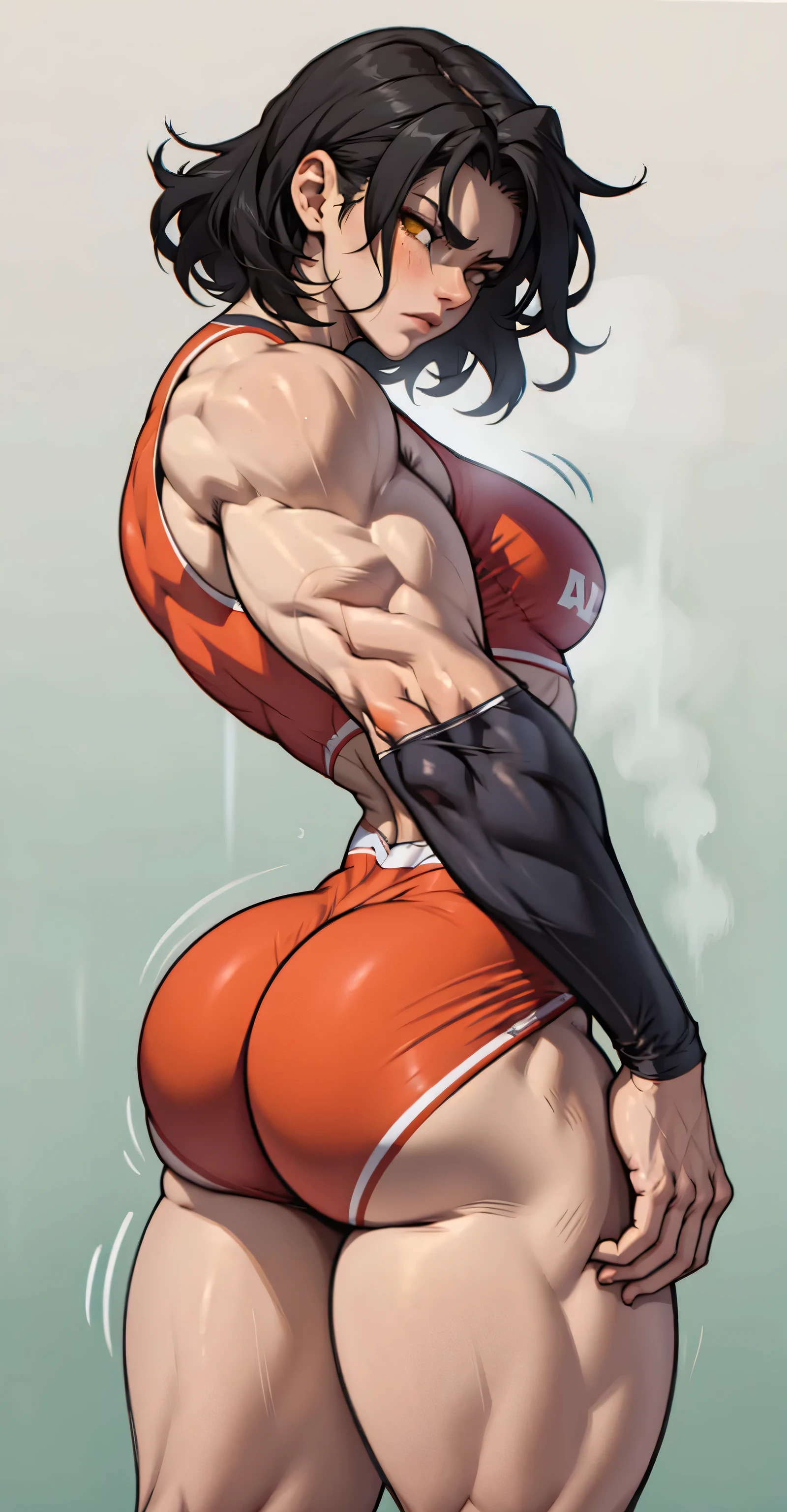 (High resolution), (in 8K), (Extreme Detail), (Best Illustration), (beautiful detail), (Best Quality), (masuter piece), ( Detailed face), ((dark skinned female)),poneyTail、(Sportsbra、Sports pants)Vicious look、full body Esbian、((posterior view、backs、sticking out the buttocks、Looking back))Realistic fantasy rendering, Realistic anime girl rendering, Full body portrait, (Big Breast: 1.4) popular in CGSTATION, 4K,highlight in eyes、sports gym、Sweating、Rough breath