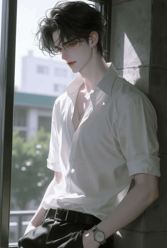 (best quality), 1boy, pale skin, black hair, medium hair, curtain hair, tousled hair, green eyes, perfect eyes, dark circles under eyes, tall, slender, handsome, strong jawline, lazy, light smile, attractive, basic black long sleeve v neck shirt, Tomura Shigaraki, masterpiece, anatomically correct, highres