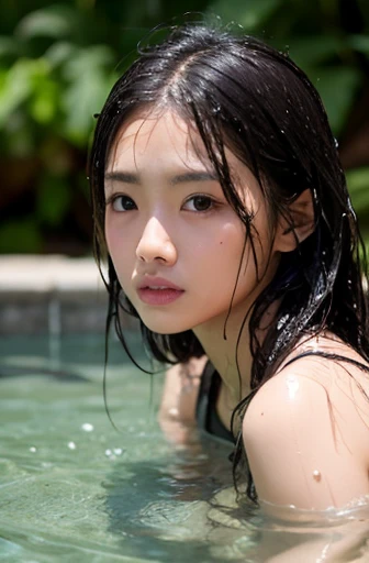 ((top quality, 8k, masterpiece: 1.3)), women (bathing in hot springs), sweating, water droplets on forehead of the face, outdoors, background forest, overhead camera, sharp focus: 1.2, cute women: 1.4, (layered haircut)), (white shirt), very detailed face and skin and hair texture, knotted black hair, wet texture hair, wet body, detailed eyes, double eyelids, White skin, beautiful legs, beautiful delicate nose, cute young Japan woman, 28 years old, with dynamic angles, creating melancholy emotions characterized by calm tones and contrasting mixes of light and shadow, while emphasizing the subject's hair, eyes, mouth and action, it is a composition pleasing to the eye and suggestive.