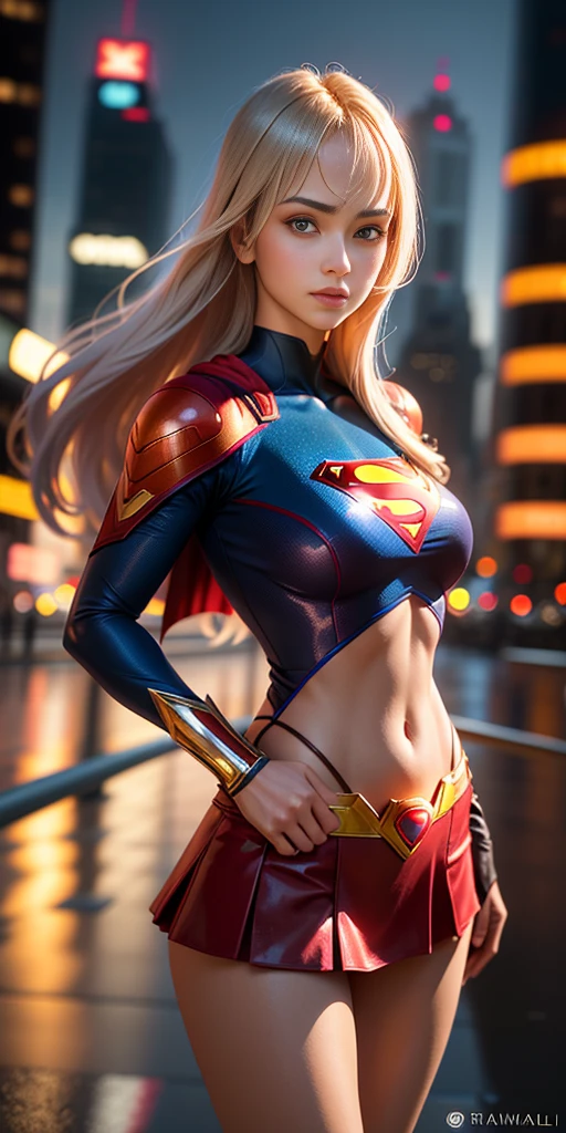 Beautiful supergirl medium blonde hair, roupas curtas estilo cyberpunk, with superman S symbol on the chest, olhos azuis, seios pequenos.