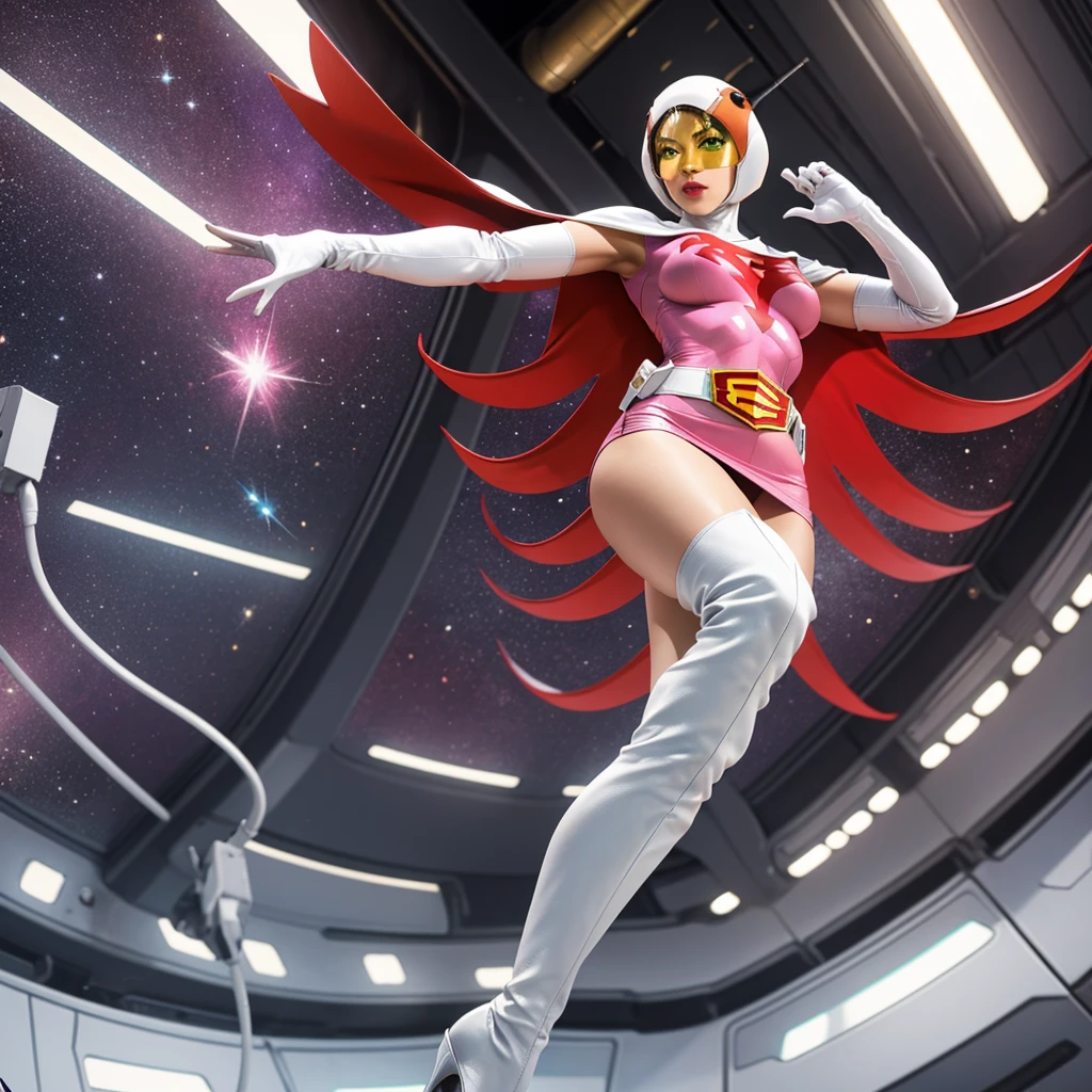 ANI_CLASSIC_jun_gatchaman_ownwaifu,1girl, 15yo,good anatomy, masterpiece, best quality,realistic, hyperrealistic, 16k hdr, long hair,breasts,green eyes,lips,large breasts,lipstick,makeup,gloves,cape,helmet,belt,elbow gloves,white gloves,mask,ultra miniskirt,leotard,spacesuit,white tight overknee highheels boots,pink dress,superhero,bodysuit,cleavage,erected nipples,(sexy pose,from below:1.2),(spread legs:1.1),cameltoe