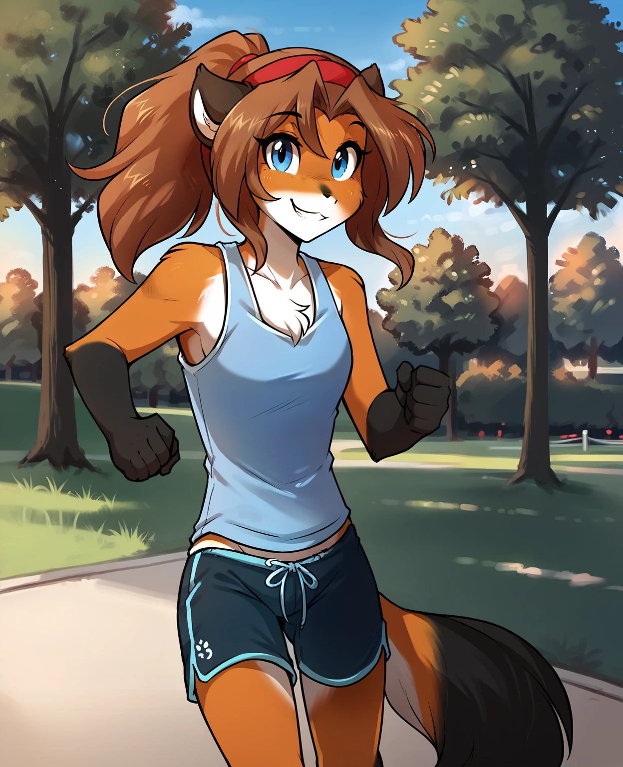 by fluff-kevlar, by Zackary911, by Kenket, by Kilinah, by fluff-kevlar, (masterpiece), (best quality), (anthro furry:1.3, snout:1.2, anthro:1.3, furry:1.2, solo female:1.2), (extremely detailed:1.3), (extremely detailed eyes), (extremely detailed hands), (extremely detailed mouth), (athletic figure, lithe figure), (slim body), (small breasts), (small thighs), (small butt), casual clothing, modern clothing, (jogging, perfect posture, happy expression), short hair, black hair, Siberian husky, blue eye color,