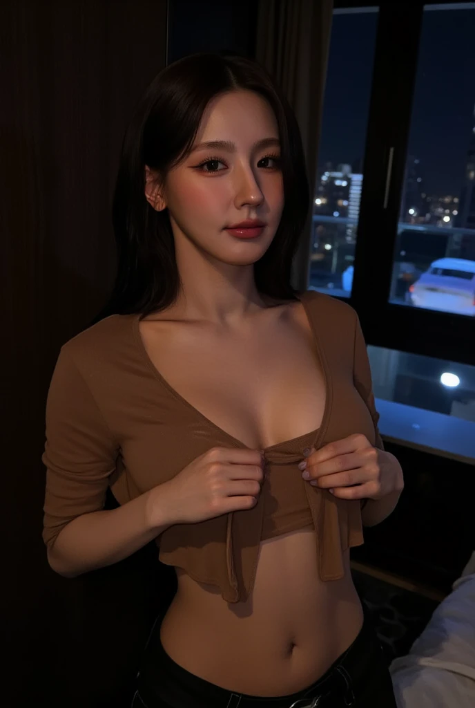 Best quality, best image quality, highest resolution, super detail, satin pajamas, silk pajamas, pajama material is shiny, soft and smooth to the touch, no underwear is worn, Breasts are C cup, the head of the breast can be seen through the pajamas, the whole body shot so that the face is also entered, the subject is alone, the place is the hotel bathtub, hands on the chest, sweaty,
