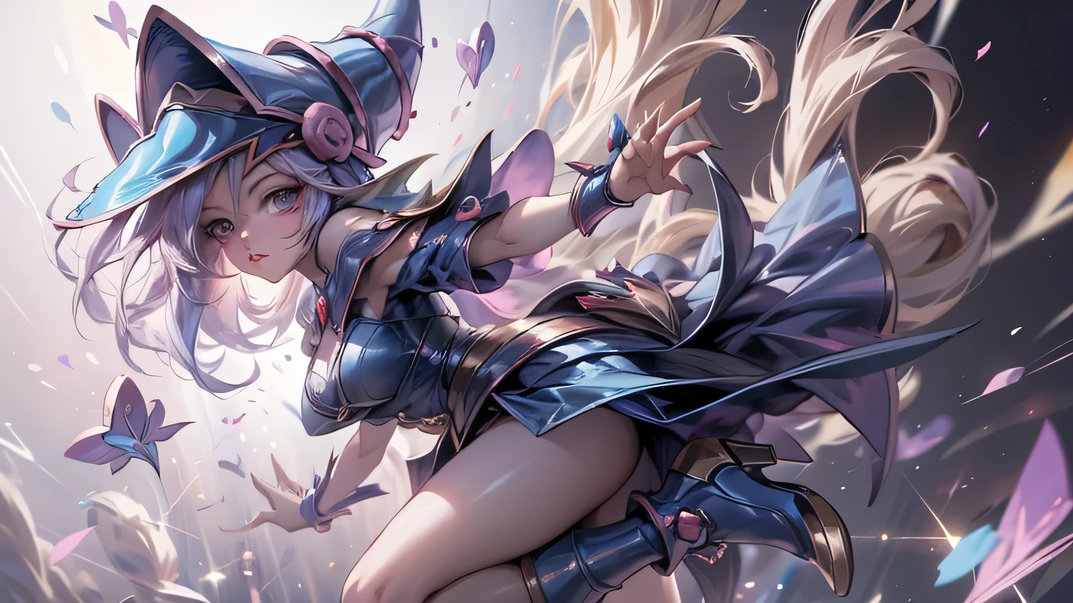 ultra-detailed, extremely detailed, masterpiece, highest quality, best quality, absurdres, highres, dark magician girl, (1girl:1.2), solo, detailed face, dynamic pose, hair flow, (full body:1.1), blonde hair, long hair, looking at viewer, green eyes, skindentation, detailed skin, skin pores, (shiny skin, glossy skin:1.1), rosy skin details, breasts, nail polish, skirt, blue footwear, blue headwear, wizard hat, wand, holding hat, (blue panties:0.9), (summoning circle:1.1), hexagram, pentacle, pentagram, yu-gi-oh!, duel monster, purple magic field, glow, detailed background, intricate background,