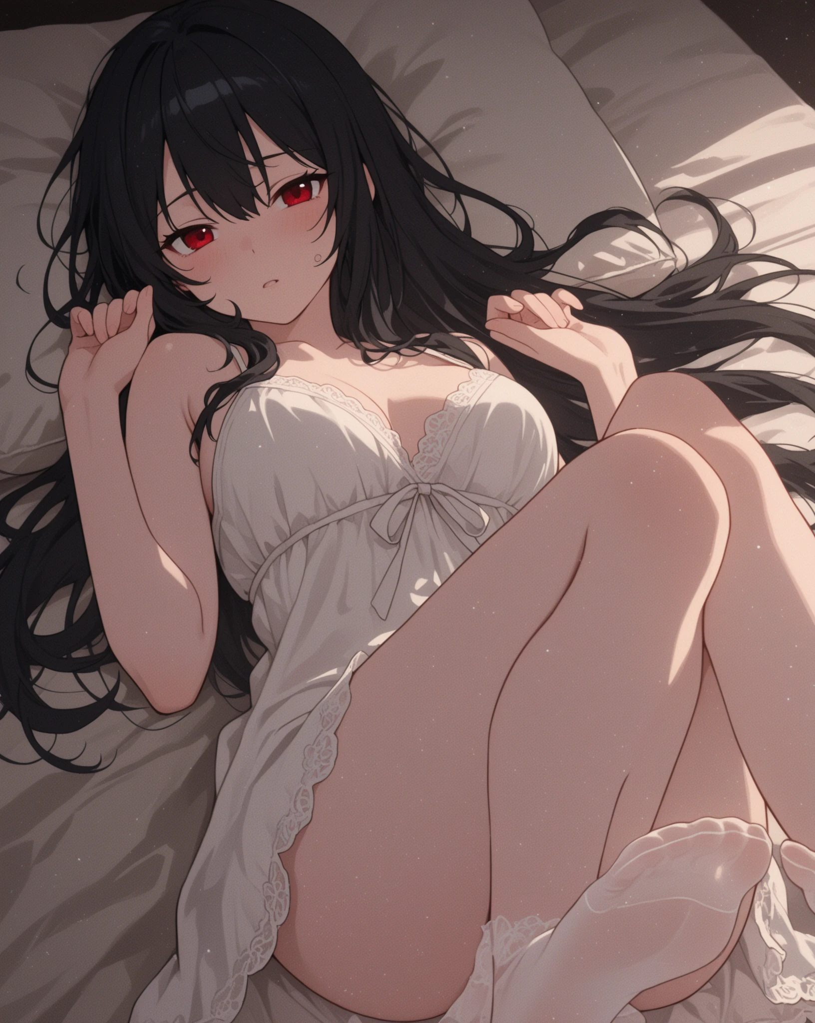 a handsome boy with long wavy black hair, sparkling green eyes, wearing a mess white hanfu, lewd pose on a white bed, in a antique room, he was crying and moaning on the bed while spreading his legs for another man to fuck, blushing and gasping during sex. A anime Boy