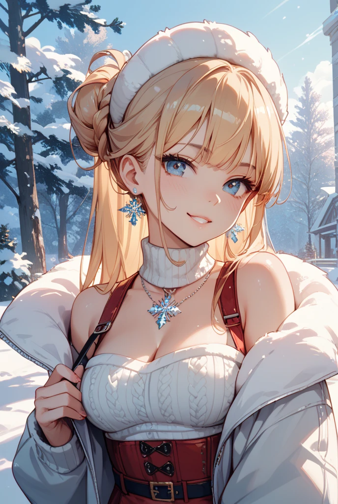 (Masterpiece.Uhd. Photorealistic) an ultra hot gorgeous European woman, age 23, she’s a playmate, men magazine model. Flirts with camera, subtle smil. Blonde wawy hair. (she’s standing in a snowy themepark:1.4) Perfect anatomy, perfect hair, perfect breast, perfect body, perfect hands, perfect face, UHD, retina, masterpiece, accurate, anatomically correct, textured skin. Winter starry night, northern lights