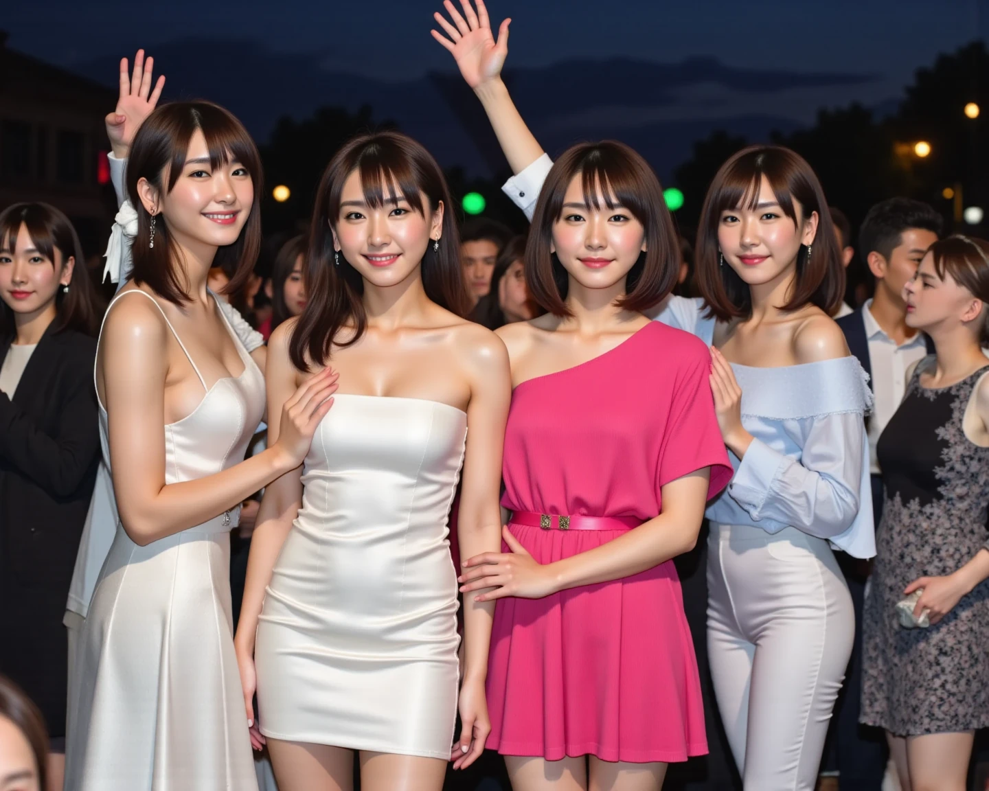 Three women in blue dresses are standing near a sign, I can see your feet, Tight light blue neoprene suit, Wearing high heels and white dress, wearing Japanese , sleek legs, Descriptive!!, Beautiful legs, Japanese , Set in the Bank of Tokyo parking lot, fun, Wearing maid uniform, In a plastic blue dress, Elegant legs, Long legs、Camel Toe、Giant tit、Nipple Puffs、Cleavage、Plump、Super big breasts、Super big butt